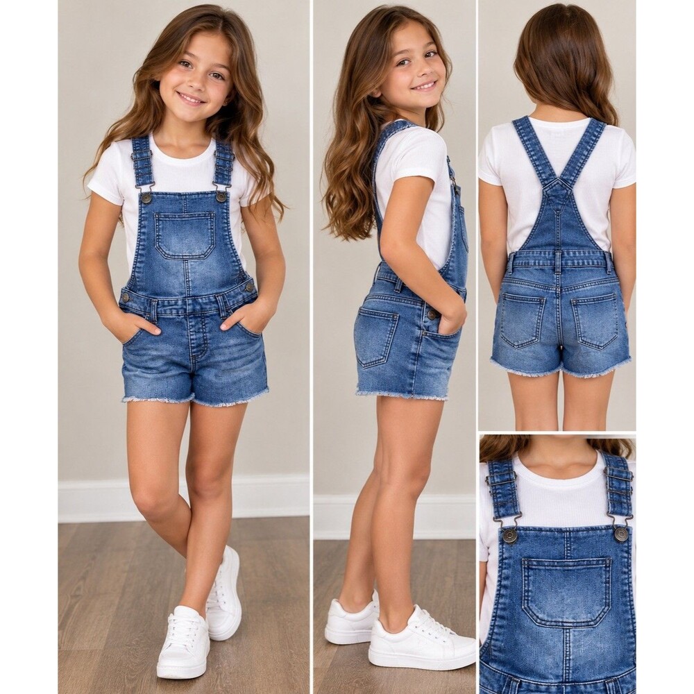 Cherokee Girls L/G Blue Denim Shortalls Overalls Adjustable Straps Pockets